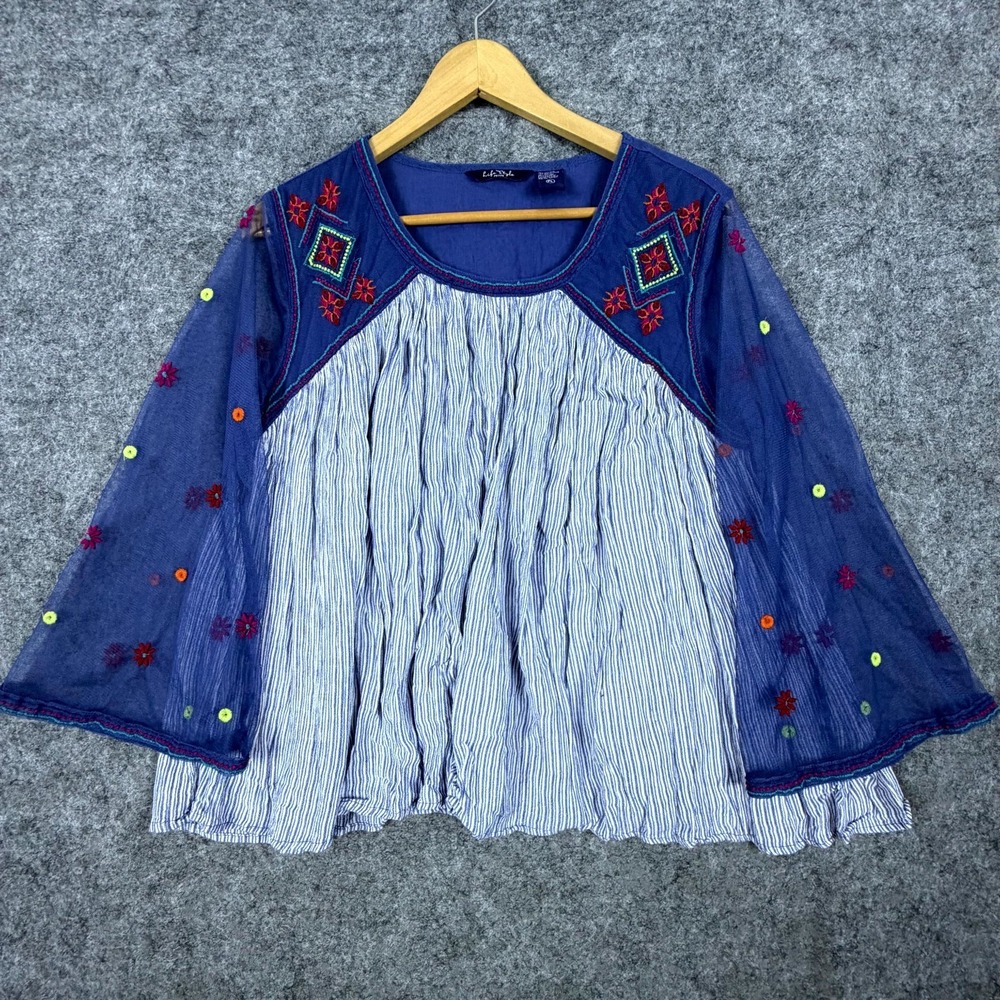 Life Style Blouse Top Womens L Petite Blue Embroidered Floral Sheer Boho Funky